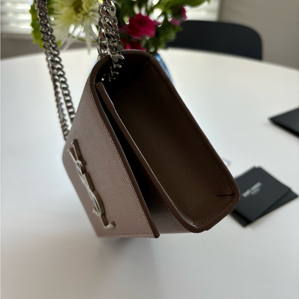 YSL Small Kate Leather Chain Flap Bag Grained Crossbody Taupe Brown Fleur - Picture 7 of 13